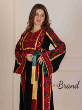 Unique Golden Lines Black And Red Palestinian Embroidered Thobe with Tasseled Satin Belt