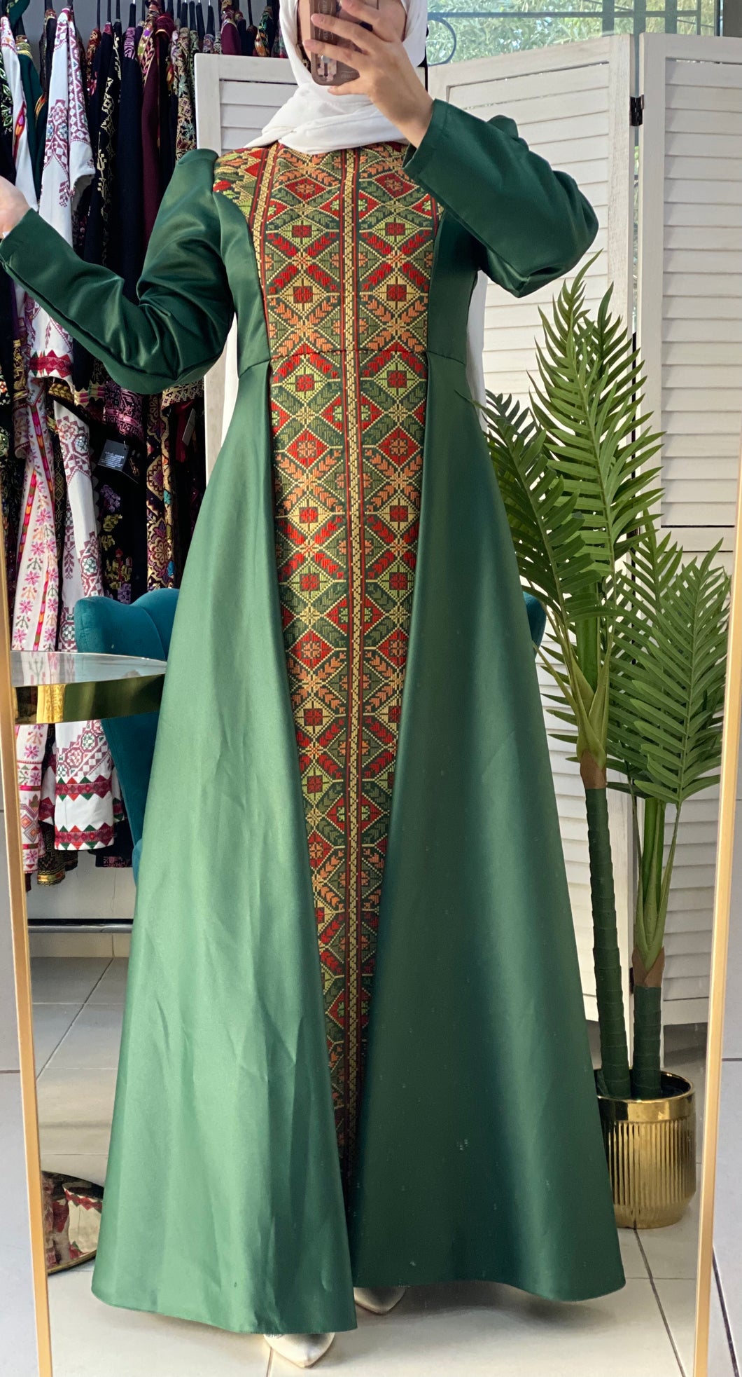 Stunning Green Cloche Satin All Long Embroidered Dress