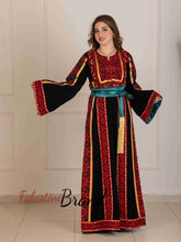 Unique Golden Lines Black And Red Palestinian Embroidered Thobe with Tasseled Satin Belt