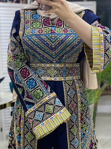 Full of Details Navy Palestinian Embroidered Thobe Dress with Kashmir Details