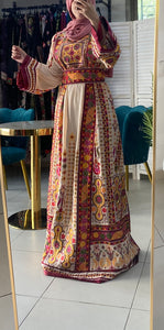 Beige Malak Palestinian Embroidered Thobe with Satin Details