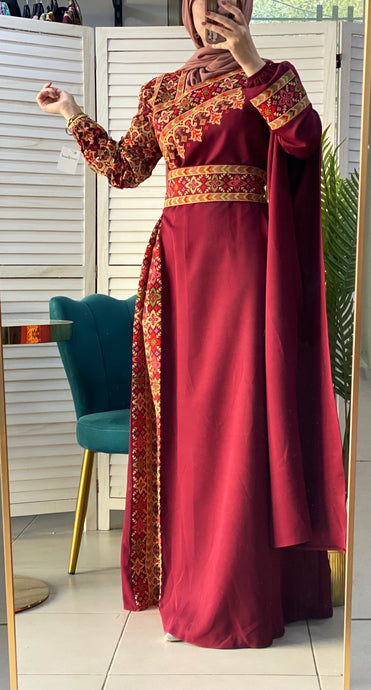 Elegant Burgundy Shoulder Details Embroidered Dress
