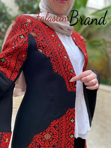 Long Palestinian Red Embroidered Jacket with Flare Sleeves