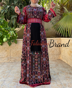 Full of Details Palestinian Embroidered Black And Red Thobe Dress Palestinian Embroidery