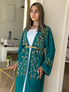 Elegant Green Handmade Moroccan Open-Front Djellaba with Belt