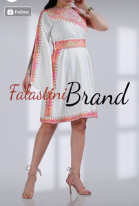 White and Orange And Red Palestinian Embroidered Short Dress
