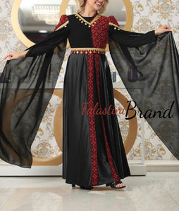 Sleeveless Black and Red Palestinian Embroidered Satin Dress With Coins