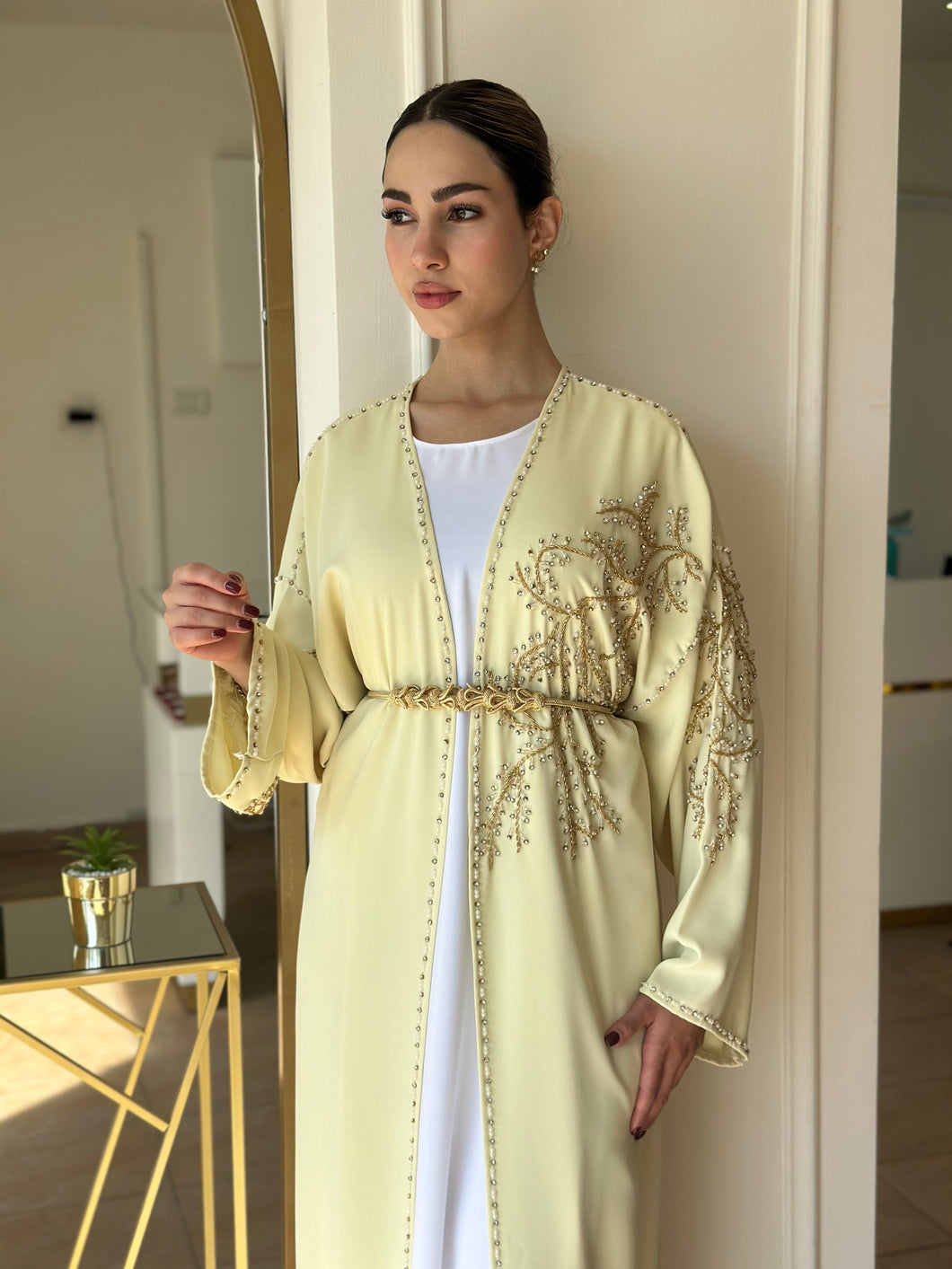 Elegant Light Yellow Handmade Moroccan Open-Front Djellaba with Belt