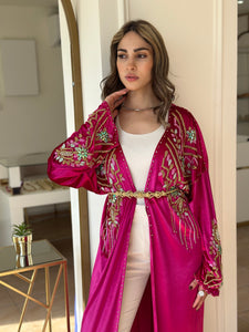 Elegant Fuchsia Handmade Moroccan Open-Front Djellaba with Belt