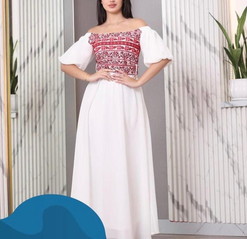 White Off-Shoulder Long Dress with Red Embroidery