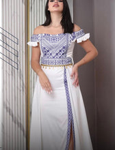 White and Blue Off-Shoulder Palestinian Embroidered Satin Dress with Coins Details