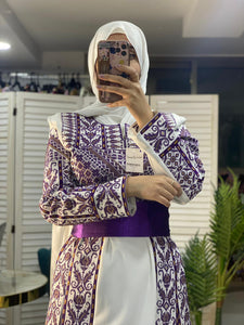 White Made in Gaza Thobe with Unique Purple Embroidery