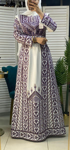 White Made in Gaza Thobe with Unique Purple Embroidery