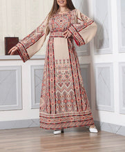 Beige Palestinian Embroidered Thob Dress with Orange Embroidery