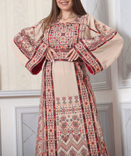 Beige Palestinian Embroidered Thob Dress with Orange Embroidery