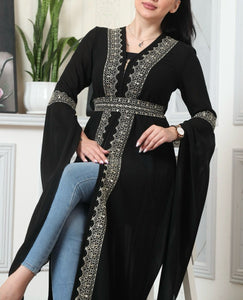 Light Black and Silver Open Abaya with Half Zipper Details