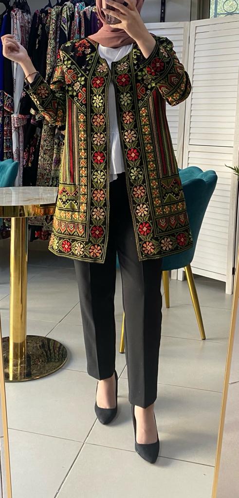 Long Green Flowers Embroidered Jacket