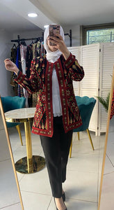 Elegant Palestinian Black And Red Floral Embroidered Jacket