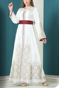 White and Golden(Mqassab) Palestinian Embroidered Kaftan Dress