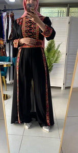 Stylish Black And Beige Embroidered Jumpsuit Dress with Palestinian Embroidery