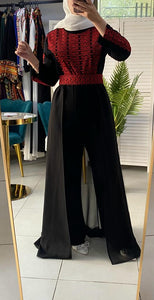Stylish Black And Red Embroidered Jumpsuit with Back Skirt
