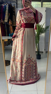 Sparkling Palestinian Embroidered Beige And Burgundy Thobe Dress with Satin Details