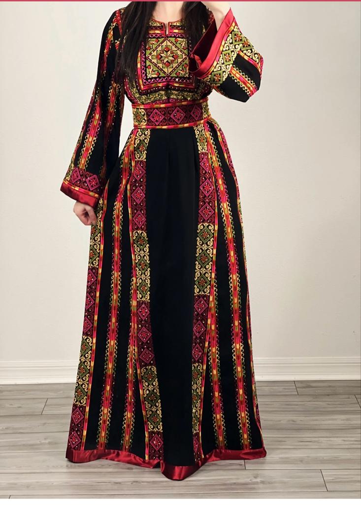 Palestinian Diamond Shapes Embroidered Black and Burgundy Thobe Dress with Satin Details