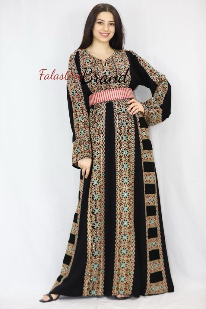 Gorgeous Black and Beige Full Details Palestinian Embroidered Dress Thobe