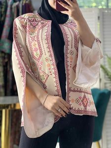 Elegant Palestinian Beige Diamond Embroidered Short Jacket