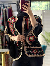 Elegant Palestinian Black And Beige Diamond Embroidered Short Jacket