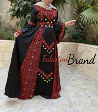 Stunning Satin Black and Red Palestinian Embroidered Extra Cloche Dress With Coins