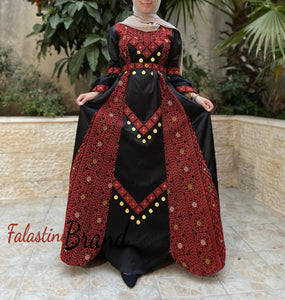 Stunning Satin Black and Red Palestinian Embroidered Extra Cloche Dress With Coins