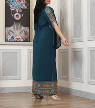 Turquoise and beige Georgette Embroidered Open Abaya Kaftan  Long Split Sleeve