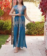 Turquoise Palestinian Lite Georgette Embroidered Long Vest Abaya