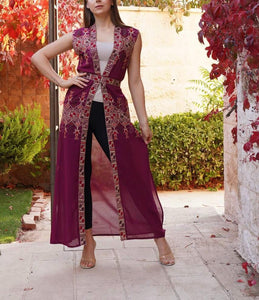 Purple Palestinian Lite Georgette Embroidered Long Vest Abaya