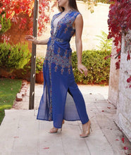 Blue Palestinian Lite Georgette Embroidered Long Vest Abaya