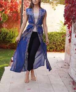 Blue Palestinian Lite Georgette Embroidered Long Vest Abaya