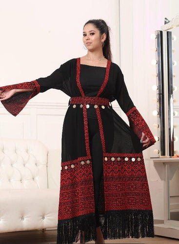 Stylish Long One Size Black and Red Palestinian Embroidered Abaya With Coins