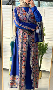 Royal Blue and Beige Chiffon Floral Embroidered Open Abaya Kaftan  Long Split Sleeve