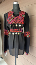 Black elegant blouse with red embroidery and stylish coins