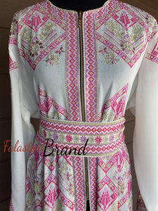 White And Pink Palestinian Embroidered Kaftan Dress