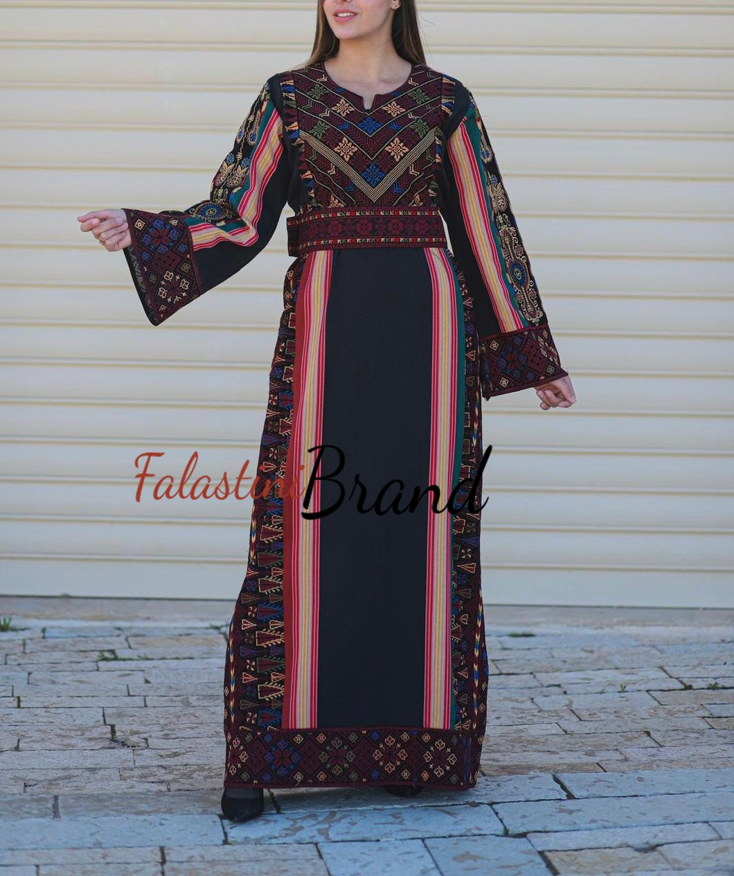 Trendy Majdalawi Fabric  Black Thob with Burgundy Tatreez and Manajil Details