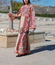 Trendy Beige Majdalawi Fabric Thob with Colorful Embroidery