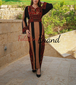 Modern Style Black and Red  Palestinian Thobe with Unique Embroidery and Kashmir Details