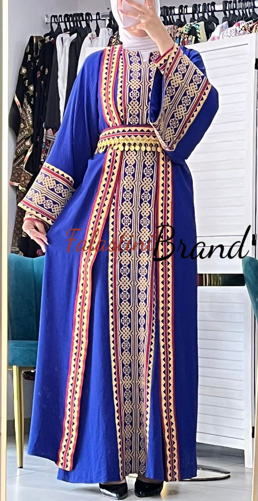 Royal Blue and Golden Embroidered Dress and Abaya Set