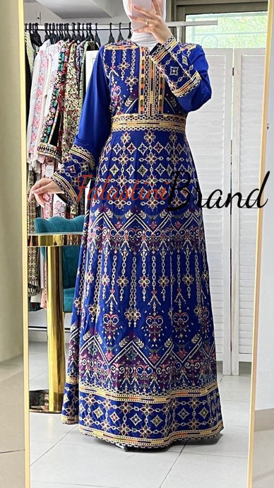 Unique Blue Indian Style Thobe Dress with Palestinian Embroidery