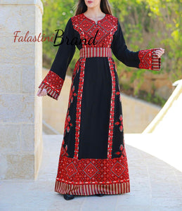 Black and Red Diamond Embroidered Thobe with Kashmir Details