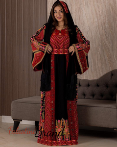 Very Elegant Wide Sleeves Black and Red Embroidered Thob with Golden and Malak Details and Head Scarf