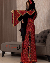 Very Elegant Wide Sleeves Black and Red Embroidered Thob with Golden and Malak Details and Head Scarf