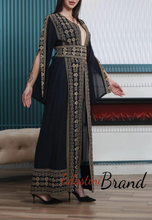Navy and Golden Chiffon Embroidered Open Abaya Maxi Dress Long Split Sleeve